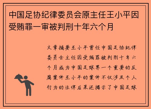 中国足协纪律委员会原主任王小平因受贿罪一审被判刑十年六个月