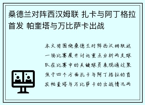 桑德兰对阵西汉姆联 扎卡与阿丁格拉首发 帕奎塔与万比萨卡出战