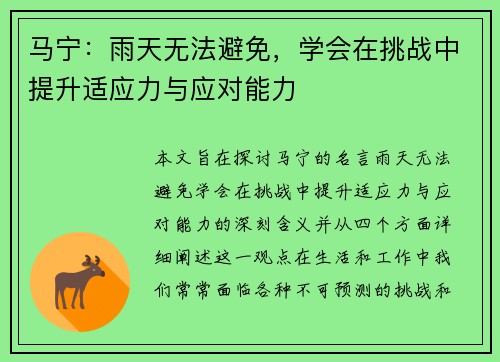 马宁：雨天无法避免，学会在挑战中提升适应力与应对能力