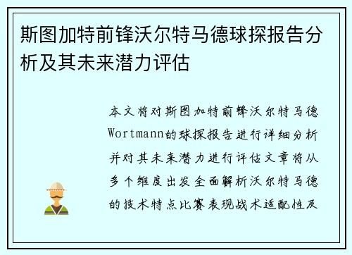 斯图加特前锋沃尔特马德球探报告分析及其未来潜力评估