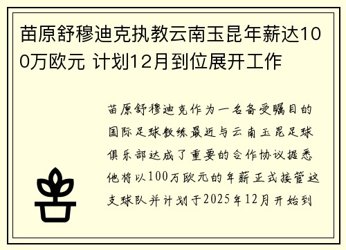 苗原舒穆迪克执教云南玉昆年薪达100万欧元 计划12月到位展开工作